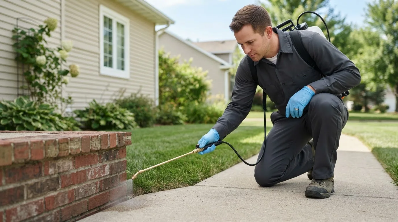 Pest control technician treating a home near Liberty, MO